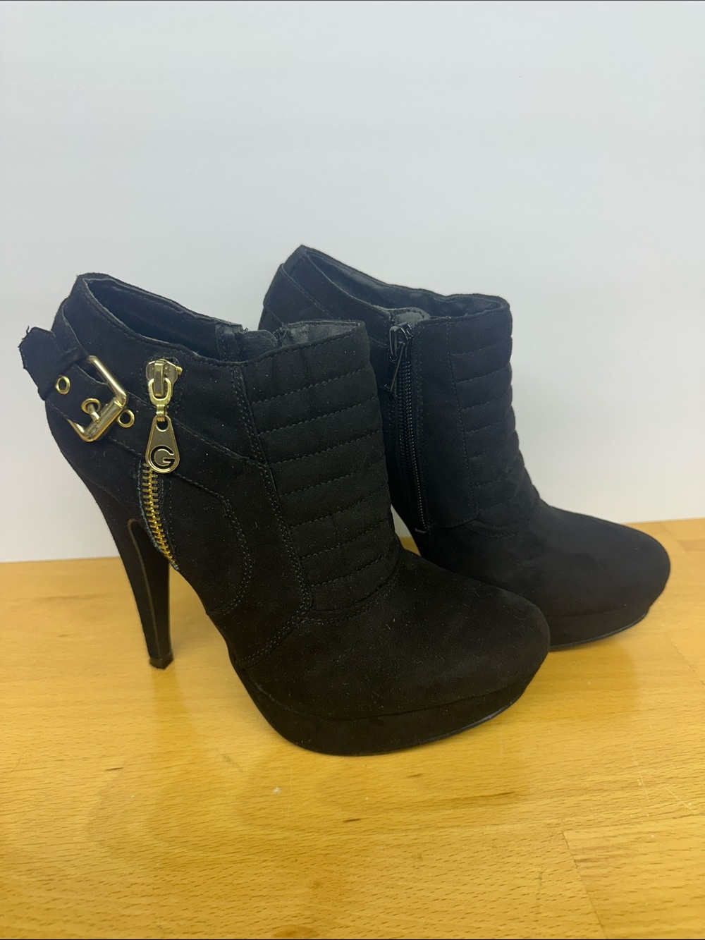 G by Guess Black Suede Quilted High-Heel Ankle Boots with Gold Hardware